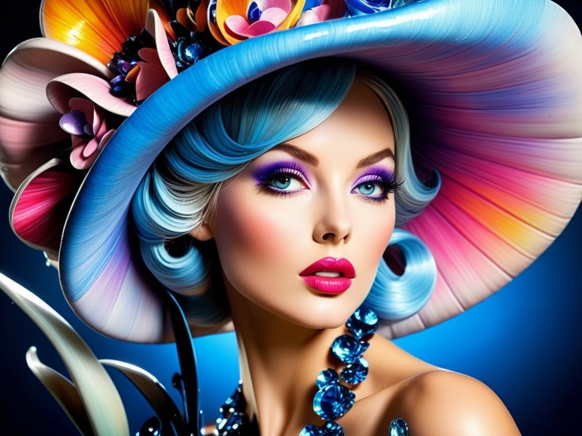 Glamorous Woman with Vibrant Blue Hair and Hat