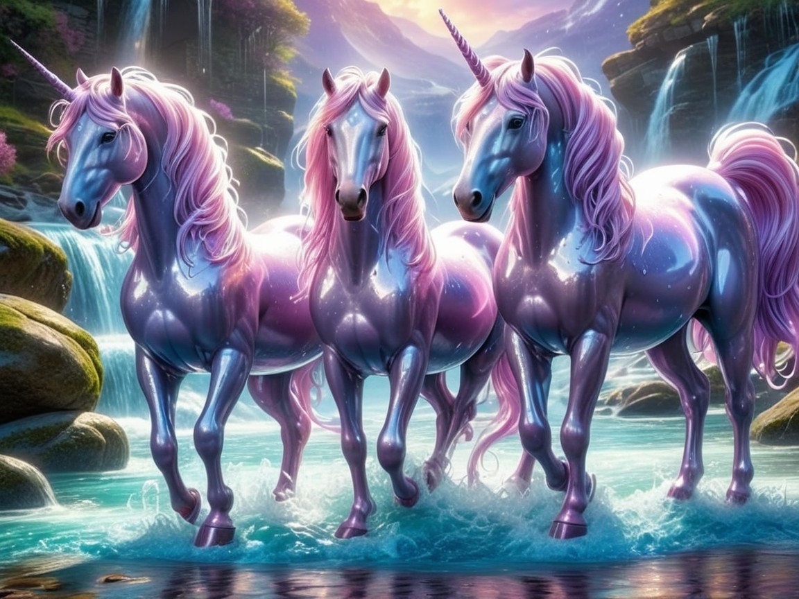 Three Unicorns by a Tranquil Waterfall Scene