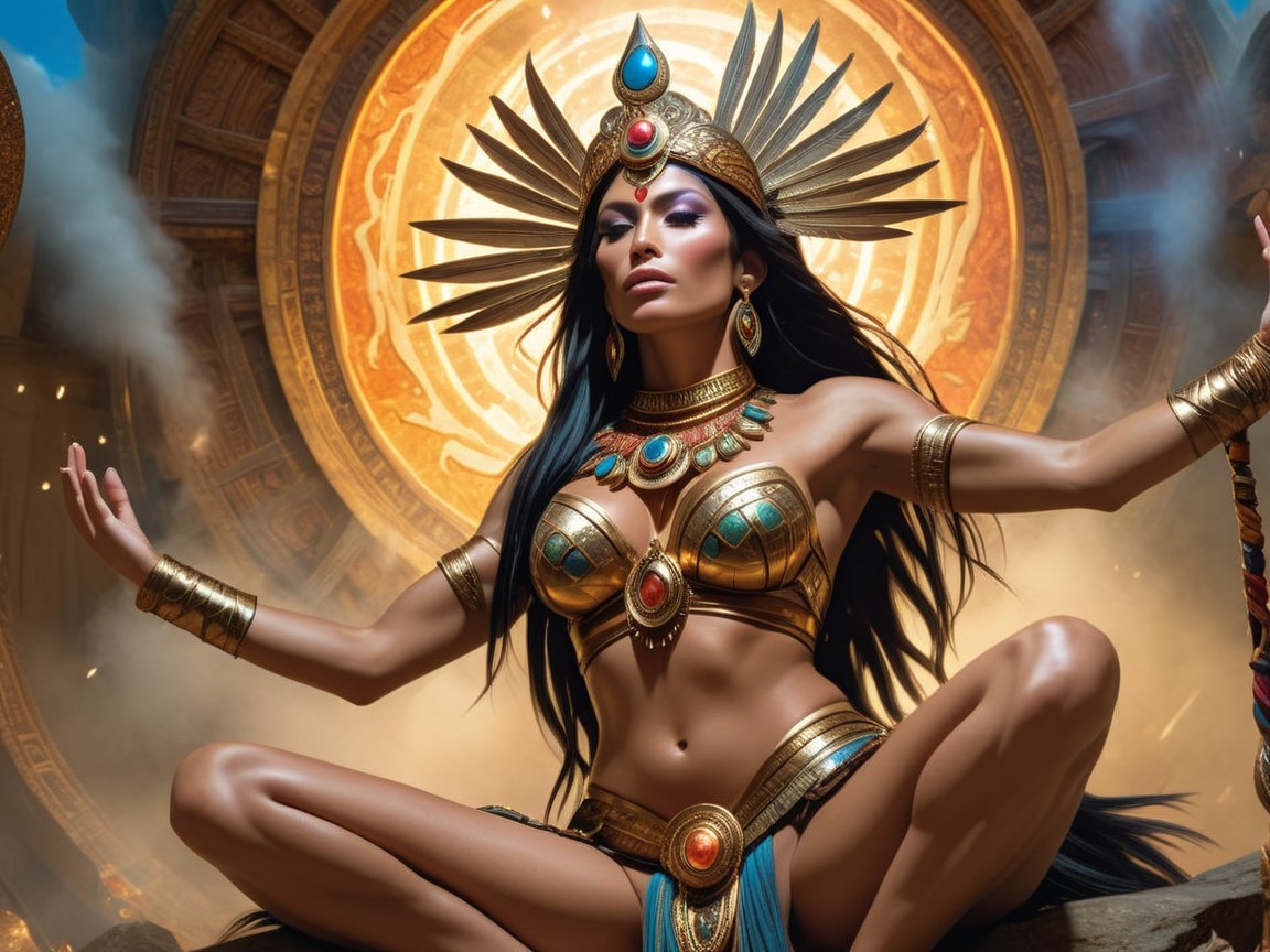 Regal figure in golden armor with mystical backdrop