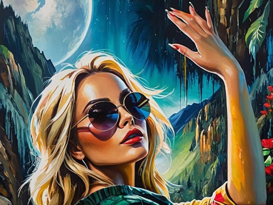 Surreal Landscape with Glamorous Woman and Moon