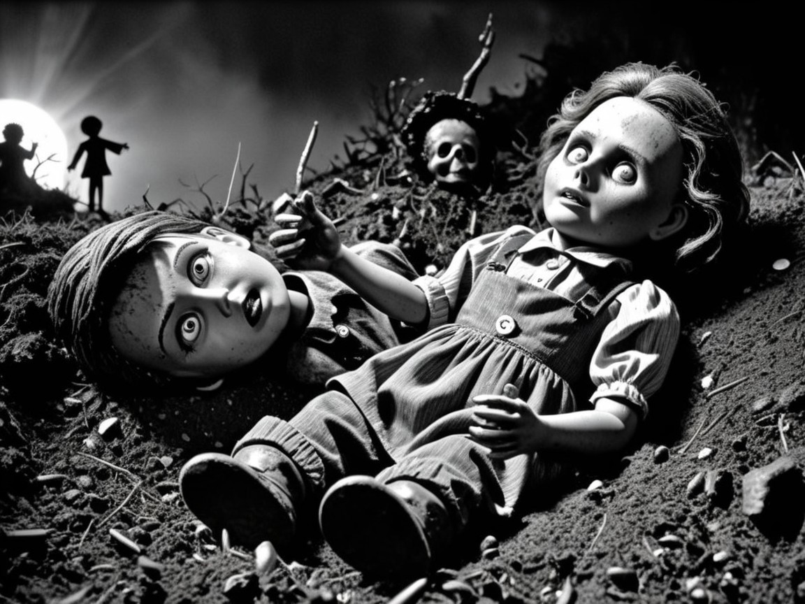 Eerie Black-and-White Scene with Dolls and Shadows