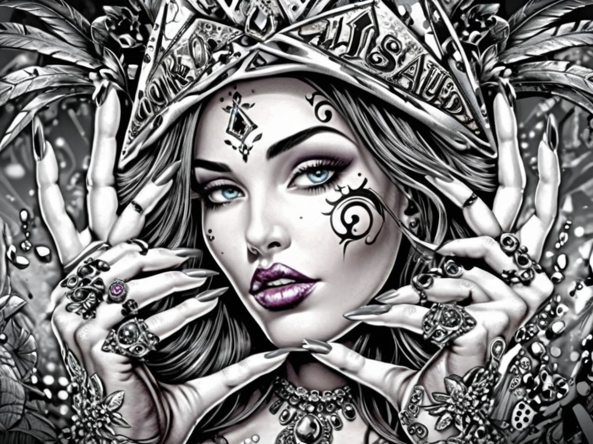 Black and white illustration of a mysterious woman