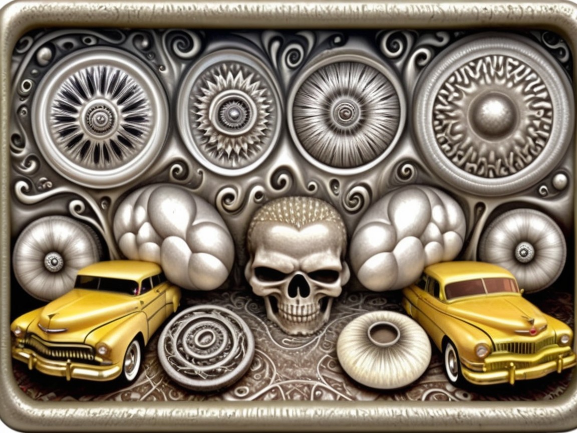 Vintage Yellow Cars and Skull with Intricate Patterns