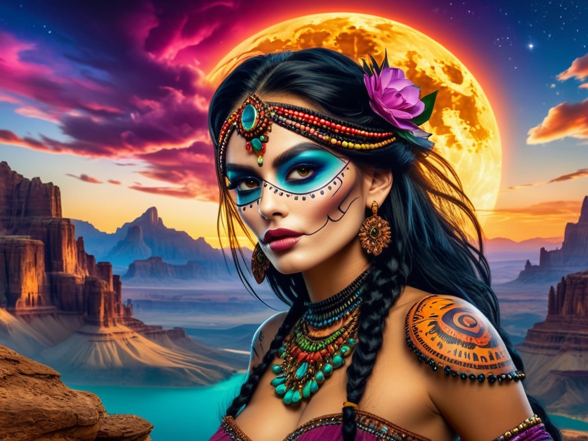 Woman in Traditional Attire Against Dramatic Landscape