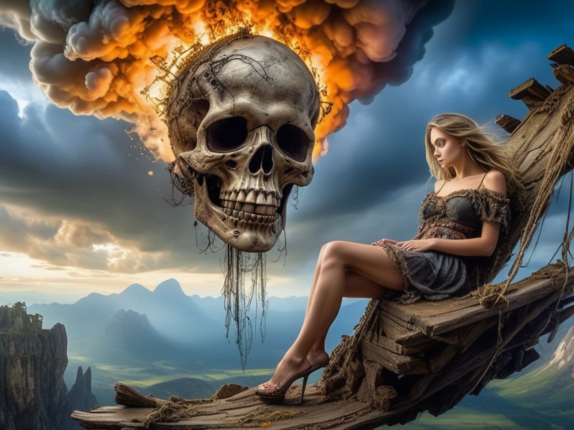 Surreal Scene of Woman and Fiery Skull in Landscape