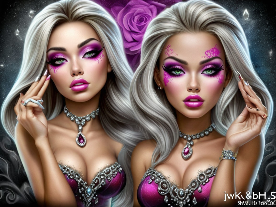 Glamorous Identical Twins with Silver Hair and Green Eyes