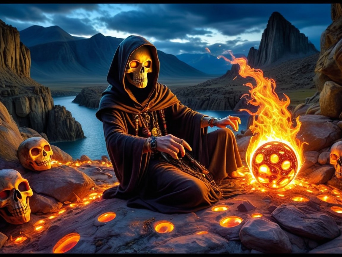 Cloaked Figure with Skulls and Fiery Orb in Landscape
