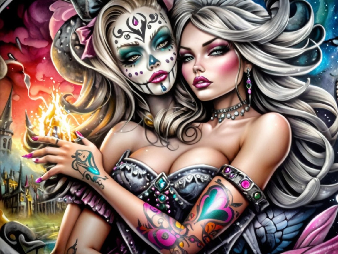 Colorful Scene of Two Intertwined Women with Skull Face