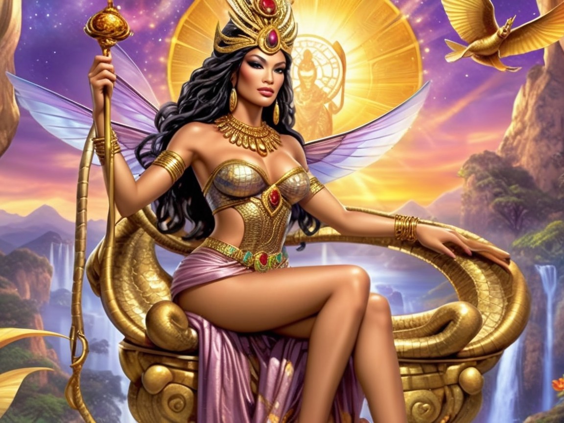 Regal Figure on Golden Throne with Celestial Elements