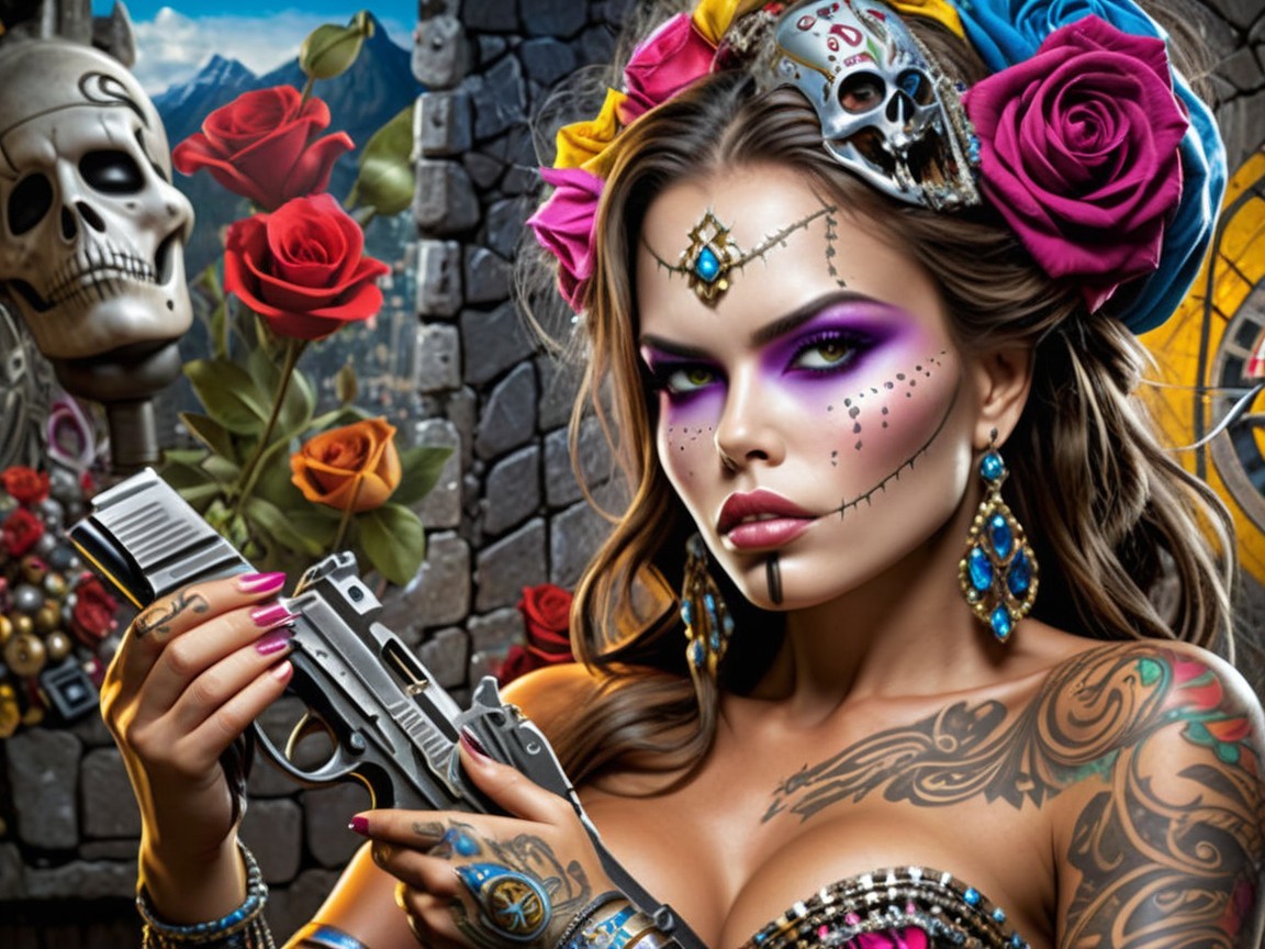 Woman in Sugar Skull Makeup with Roses and Gun