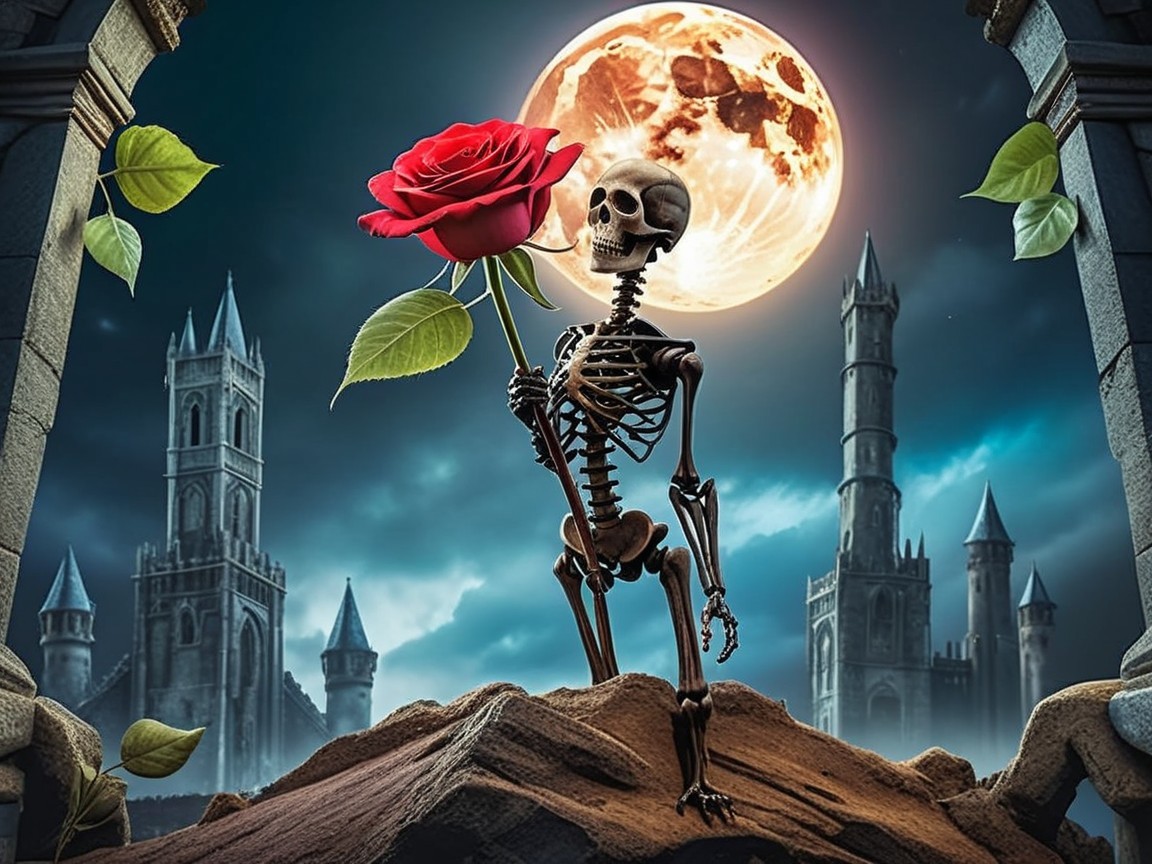 Skeletal Figure with Rose Under Moonlit Gothic Sky