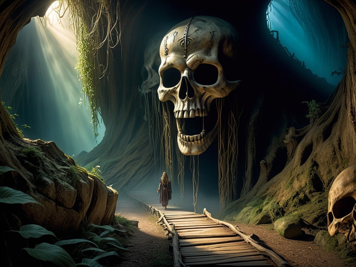 Colossal Skull in a Lush Mystical Forest Landscape