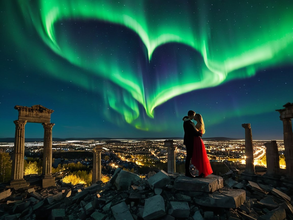 Couple Embracing at Ancient Ruins Under Aurora Borealis