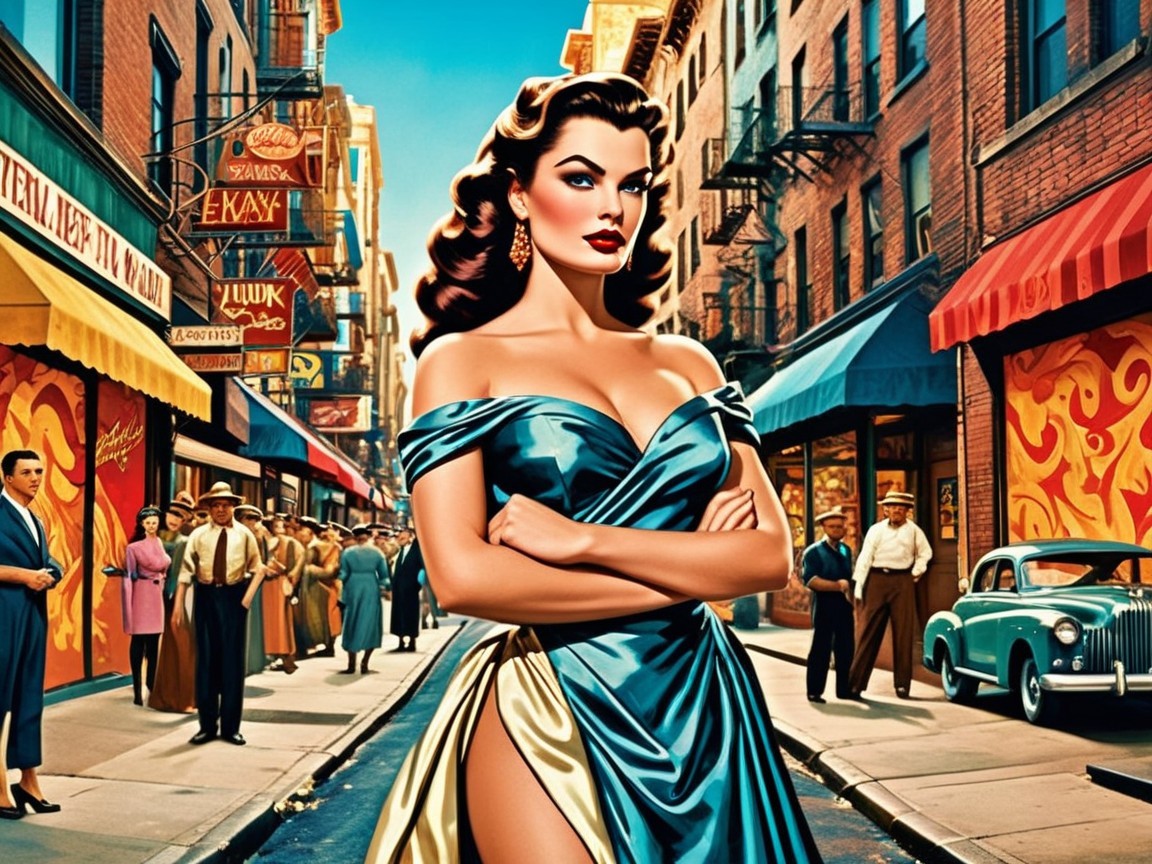 Glamorous Woman in Elegant Gown in Vibrant City Street