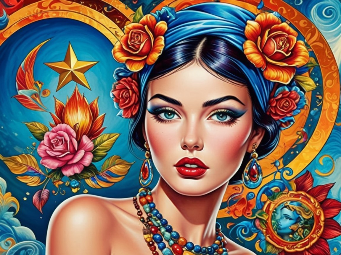 Vibrant Portrait of a Woman with Bold Makeup and Jewelry