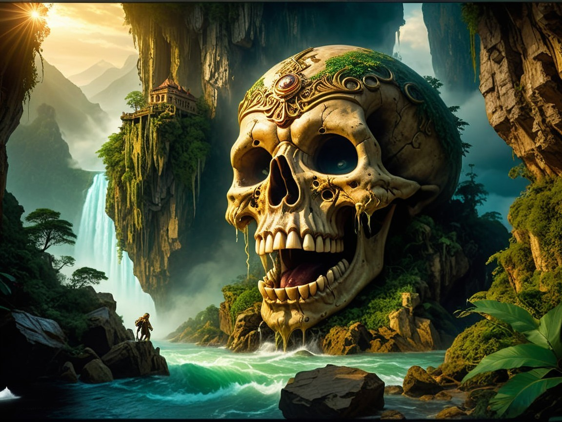 Colossal Skull Surrounded by Nature and Waterfalls