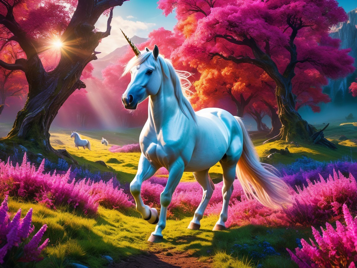 Majestic unicorn in vibrant fantasy landscape setting