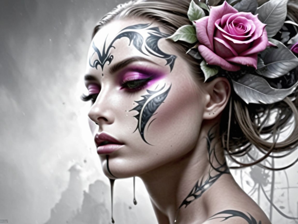 Portrait of a woman with floral tattoos and pink makeup