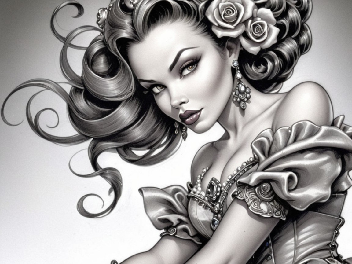 Stylized Female Figure with Roses and Elegant Dress