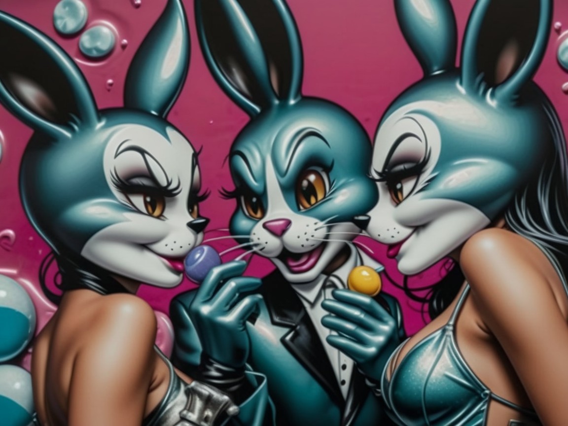 Colorful Rabbit-Human Hybrids in Tuxedo and Bikinis
