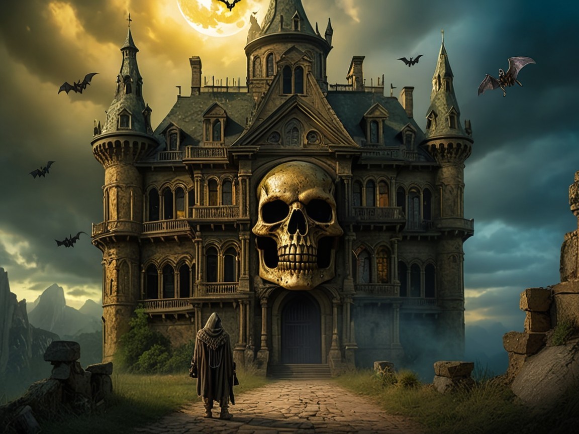 Gothic Castle with Skull Entrance and Cloaked Figure