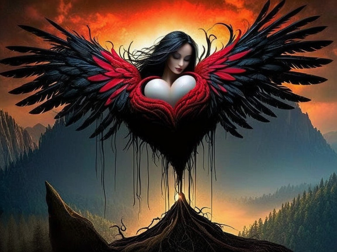 Figure with Wings in a Surreal Sunset Landscape