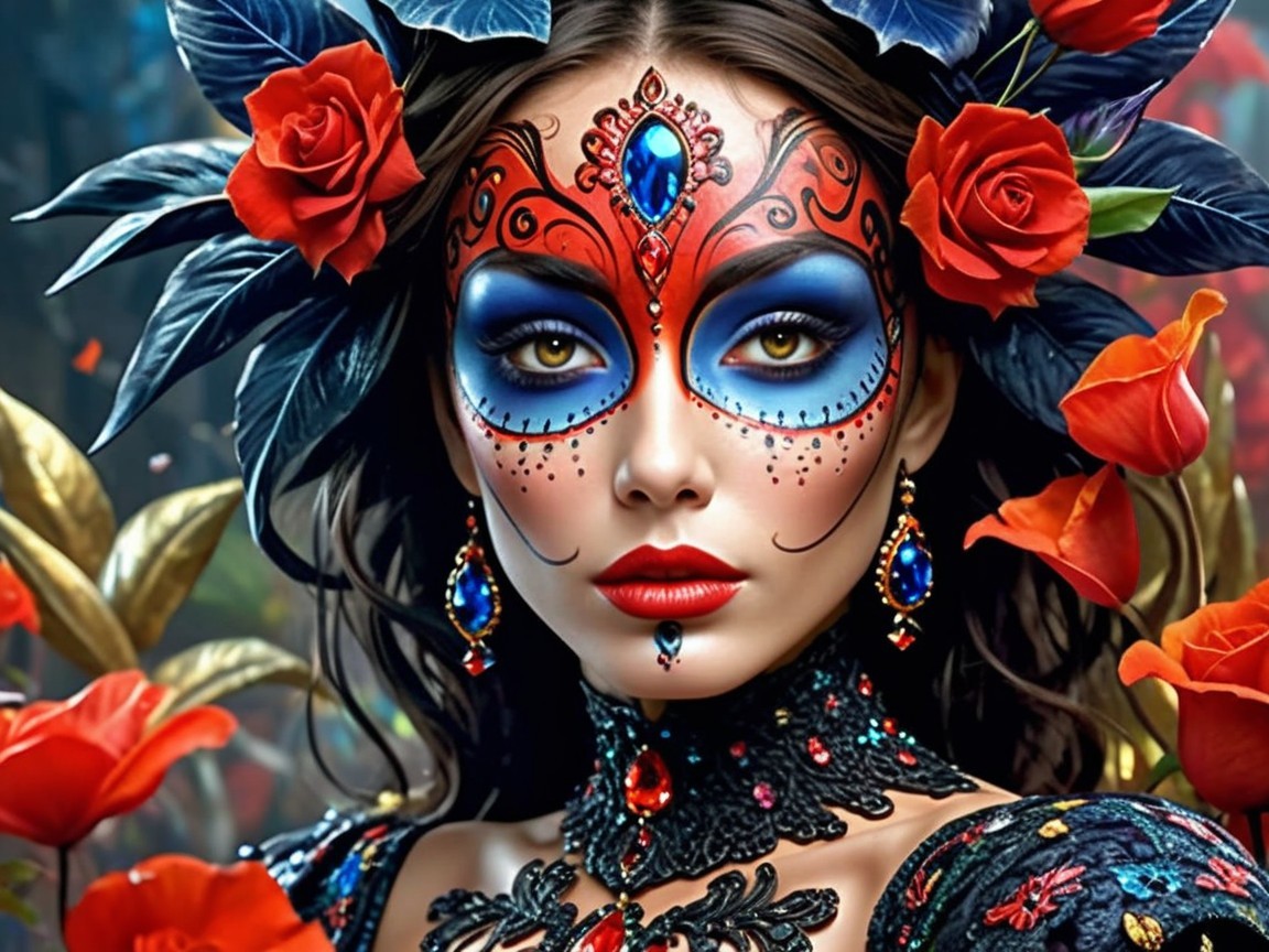 Woman with vibrant face paint and ornate jewelry
