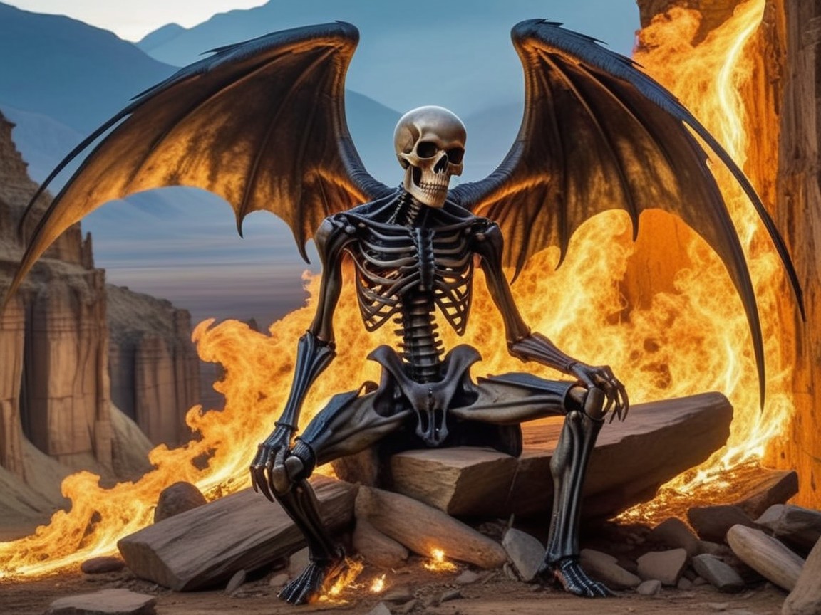 Skeletal Figure with Dark Wings Amidst Flames and Mountains