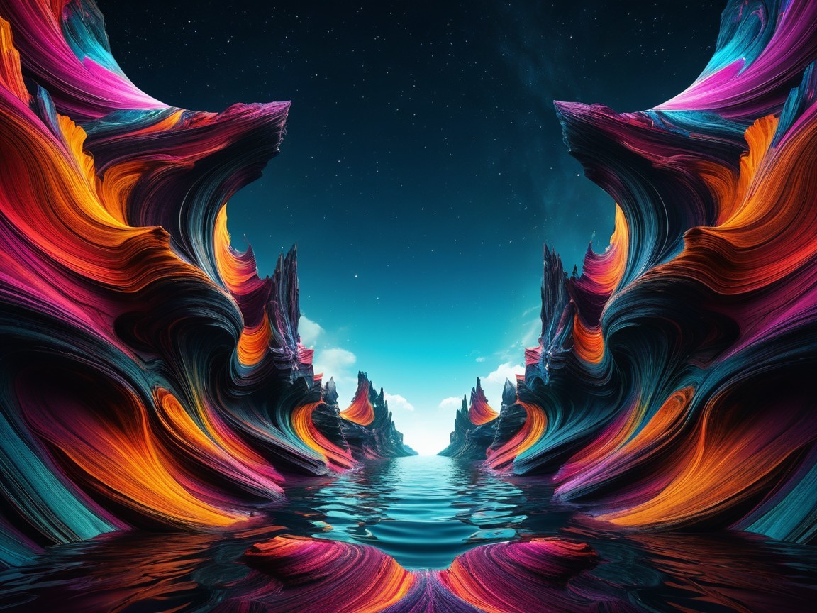 Surreal Landscape with Colorful Rock Formations and Stars