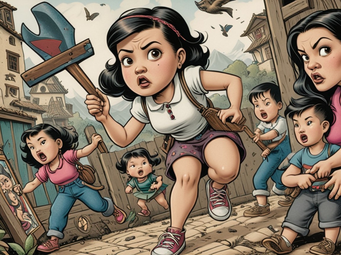 Cartoon Scene of Girl Leading Children in Village