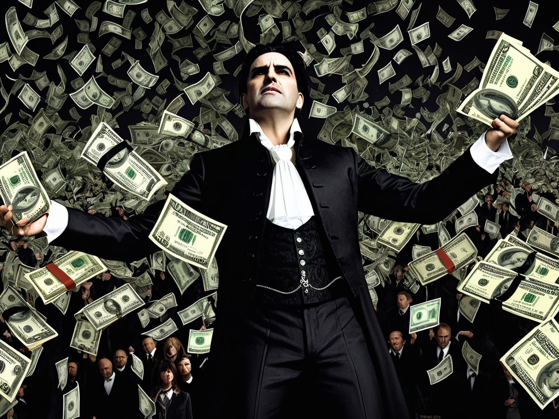 Man in Tuxedo Surrounded by Flying Dollar Bills
