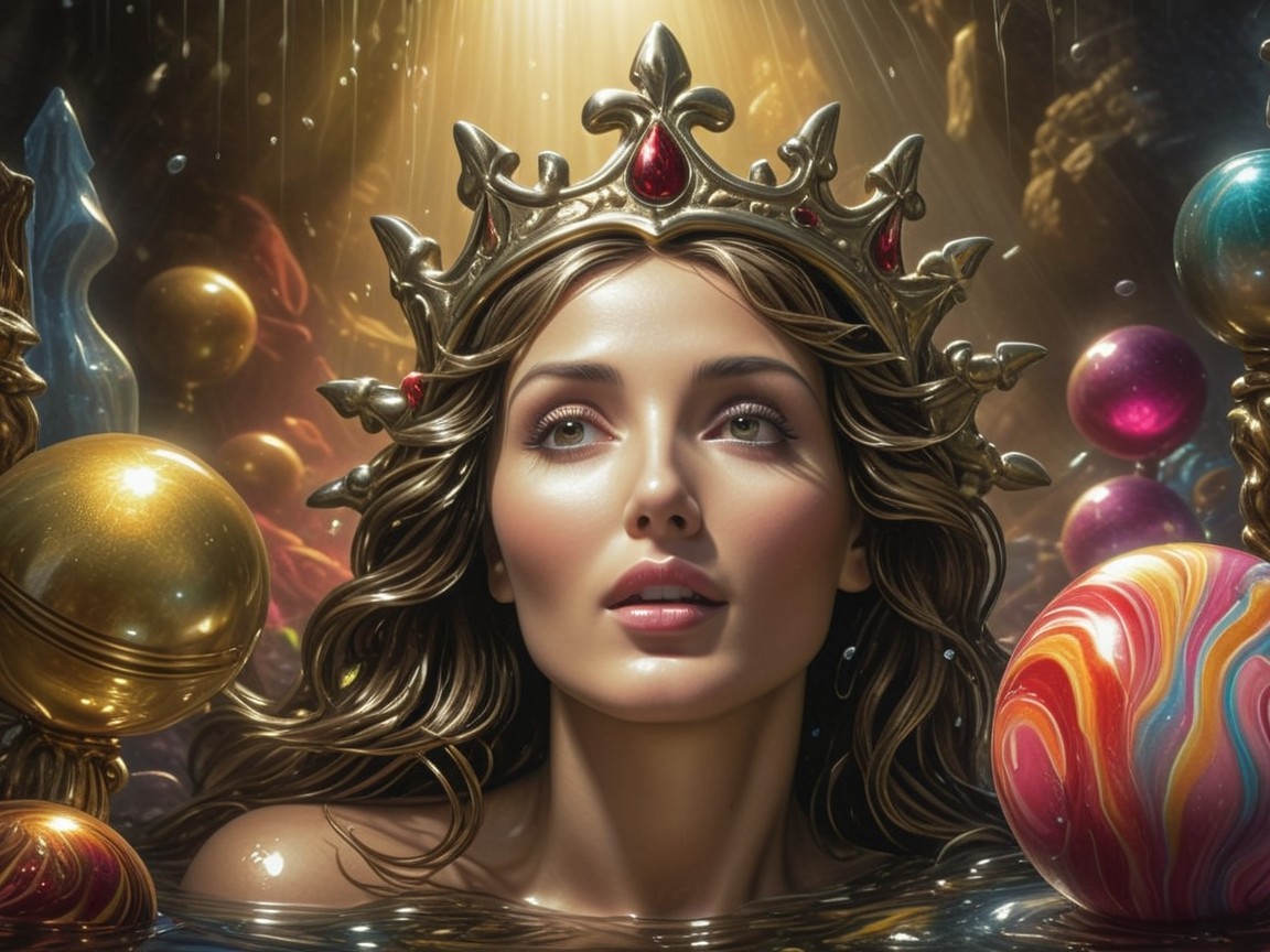 Regal figure in shimmering water with golden crown