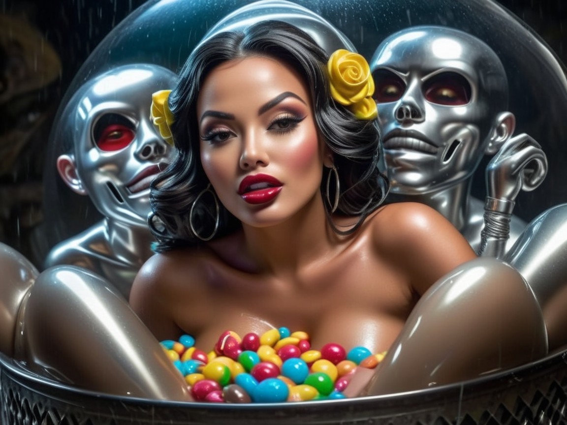 Woman with Dark Hair Surrounded by Colorful Candies