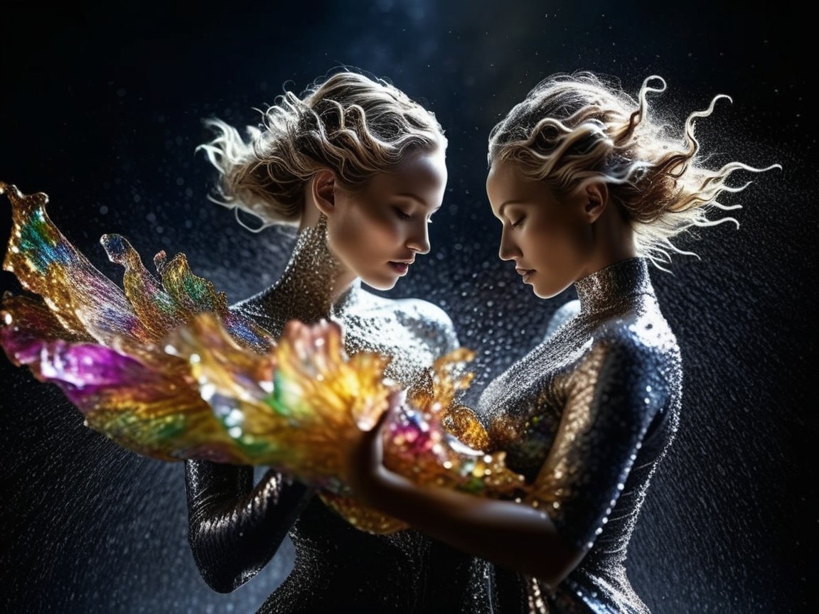 Ethereal Figures with Colorful Glass Structure in Mist