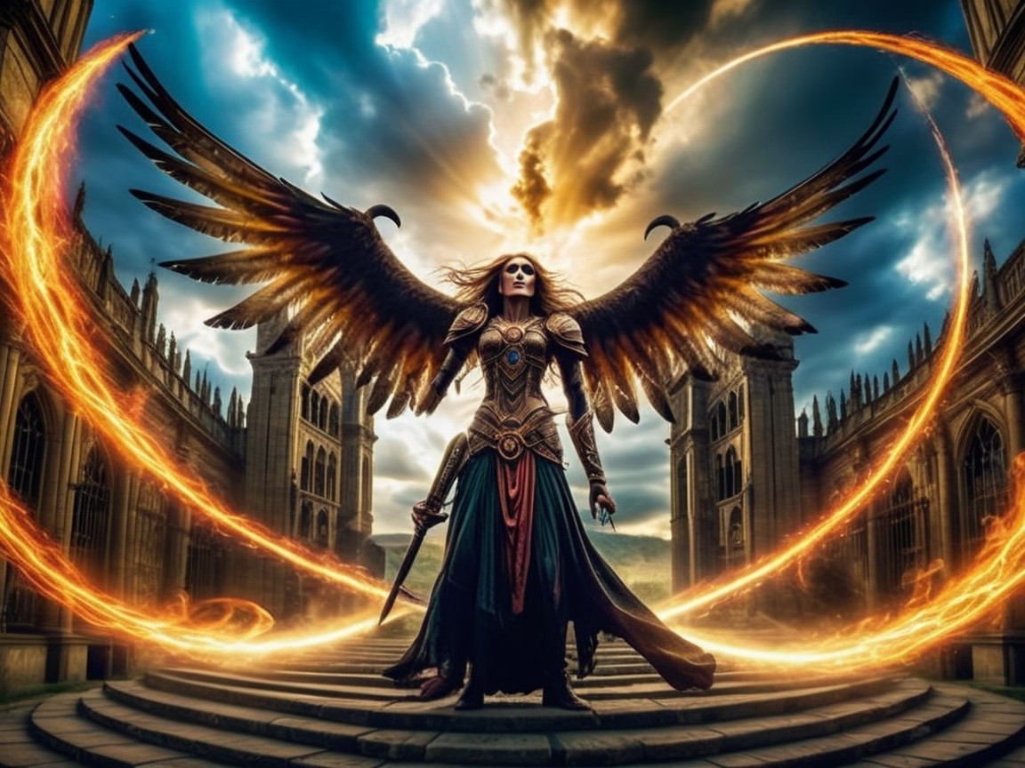 Warrior in Armor Amidst Gothic Architecture and Flames