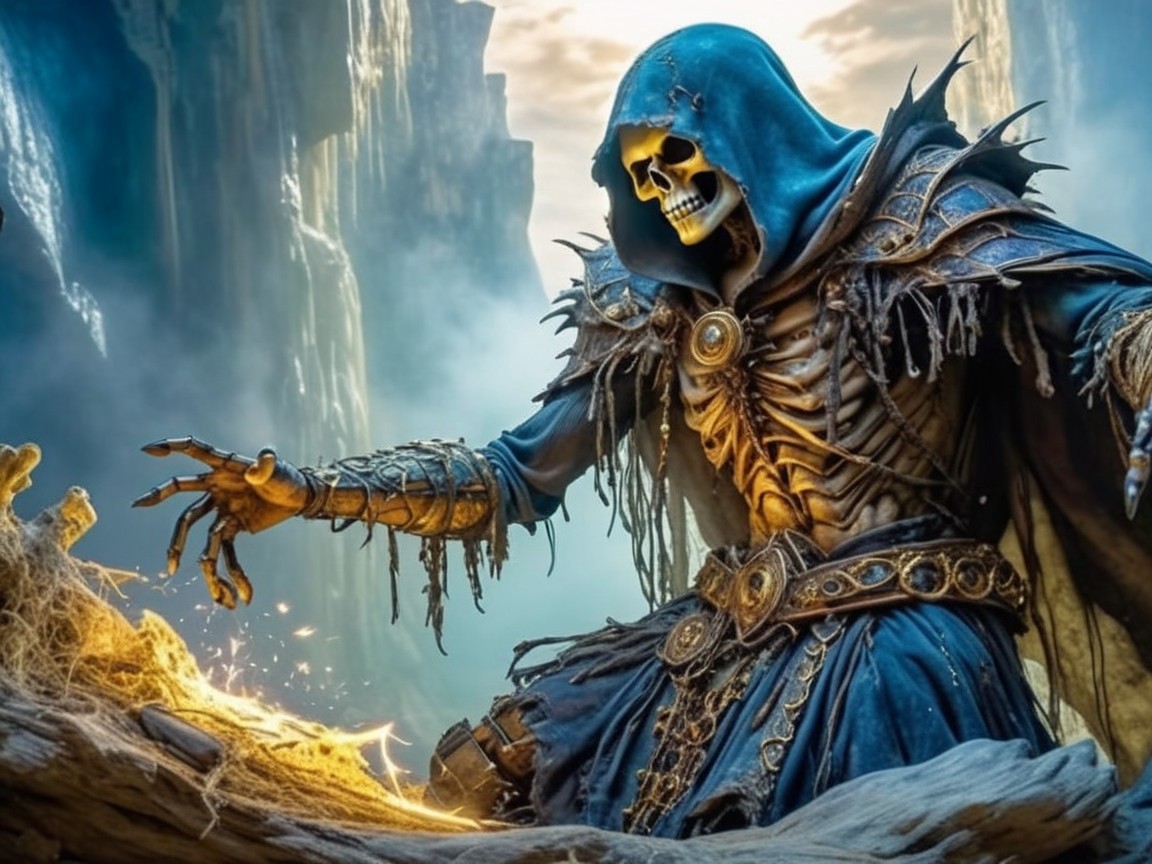 Skeletal Figure in Dark Robe in Mystical Landscape