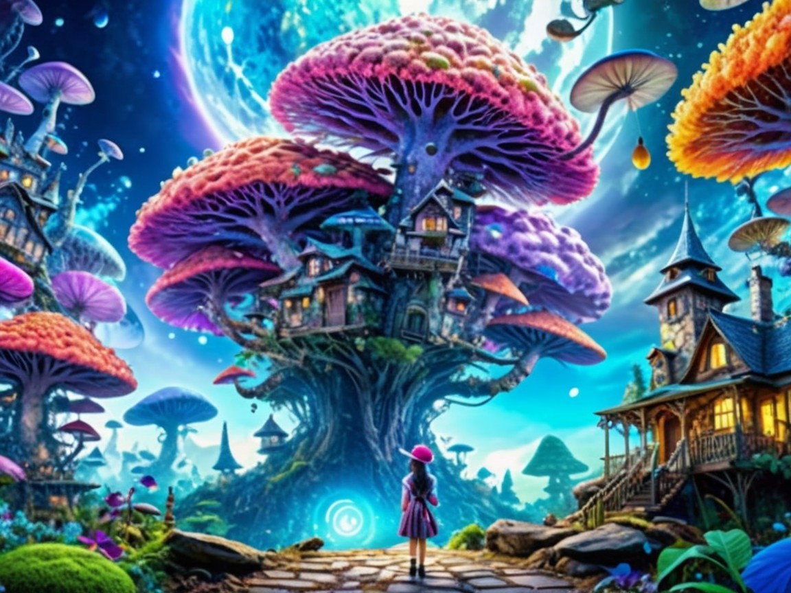 Fantasy Landscape with Colorful Mushroom Tree