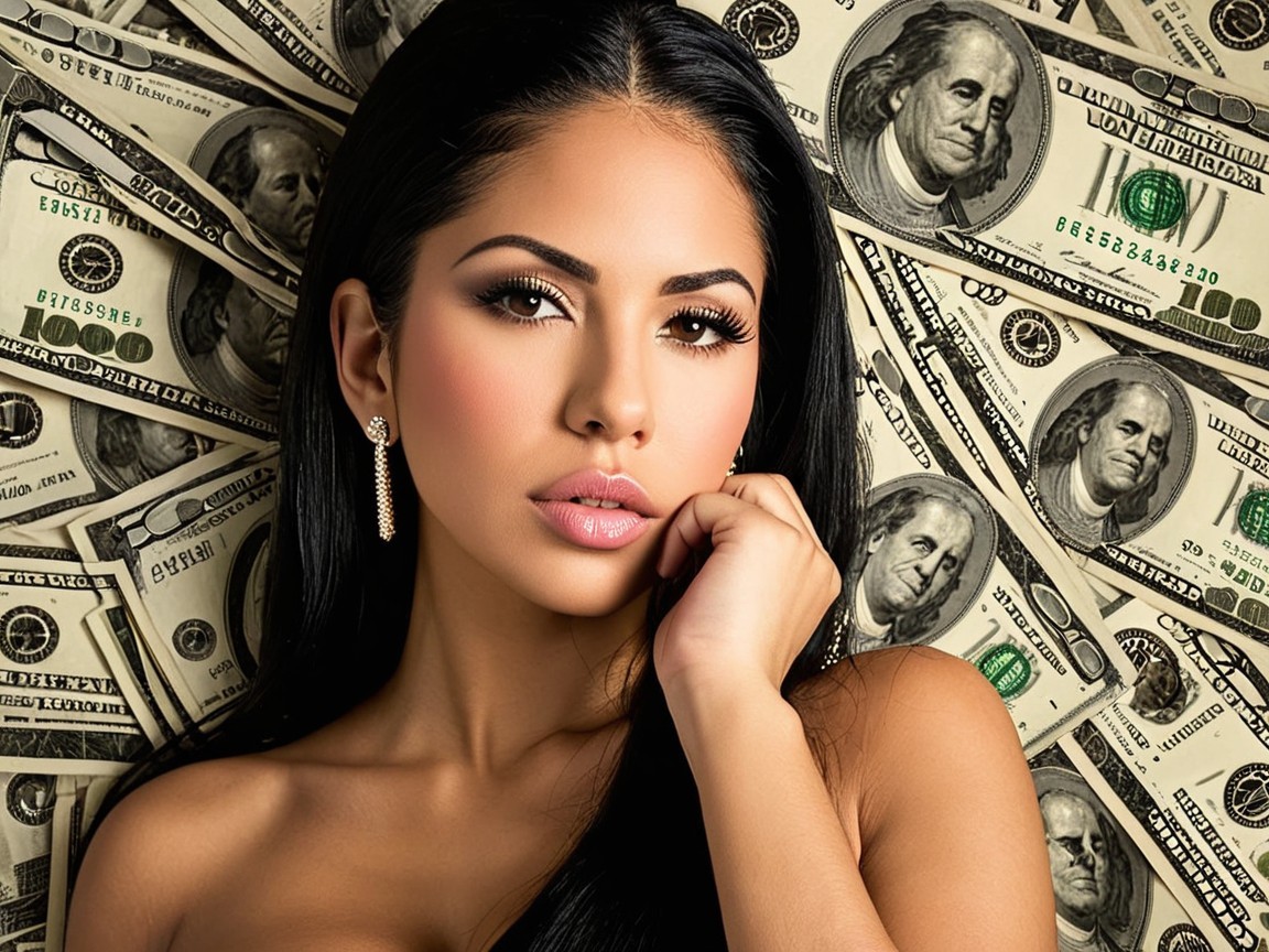 Glamorous Woman Posing with Dollar Bill Backdrop