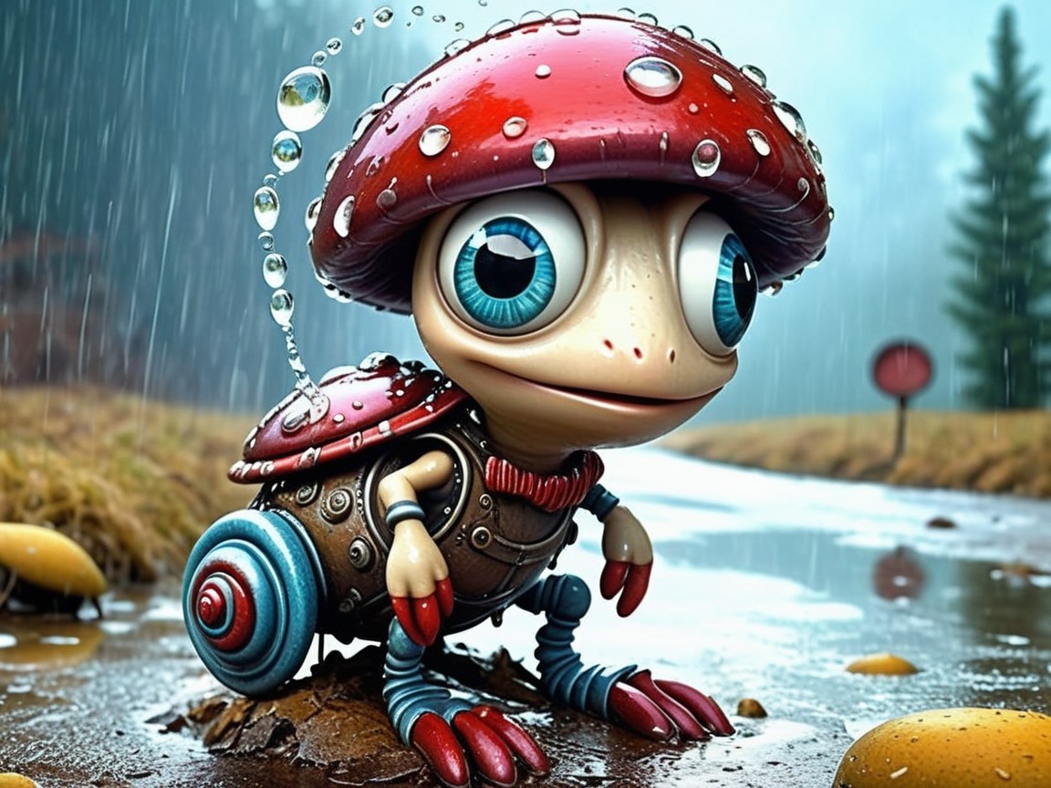 Anthropomorphic mushroom character in a rainy forest