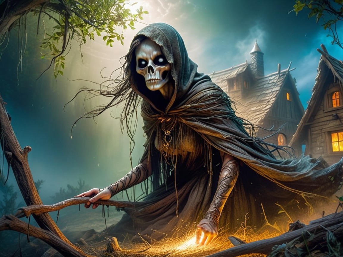 Cloaked Skeletal Figure in Mystical Forest Setting