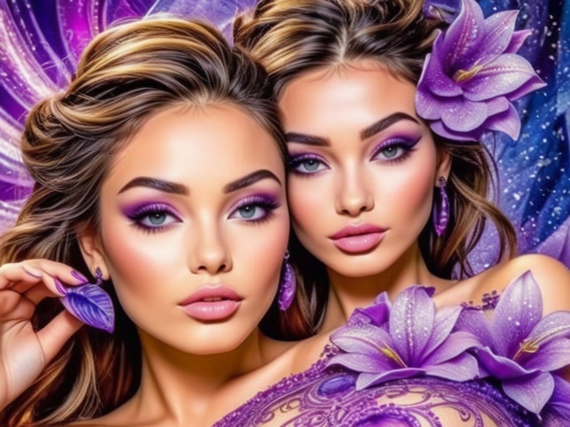 Glamorous Women with Bold Purple Makeup and Flowers