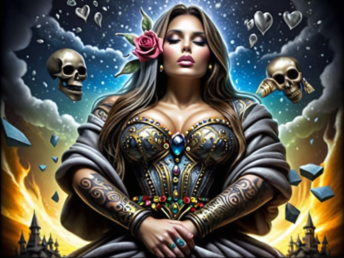Confident Woman in Ornate Corset with Mystical Elements