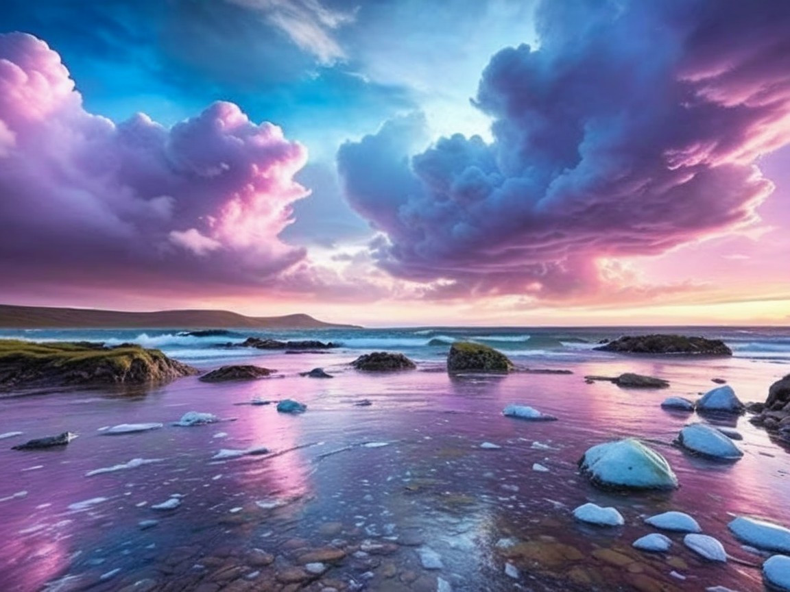 Coastal Sunset with Waves and Colorful Sky