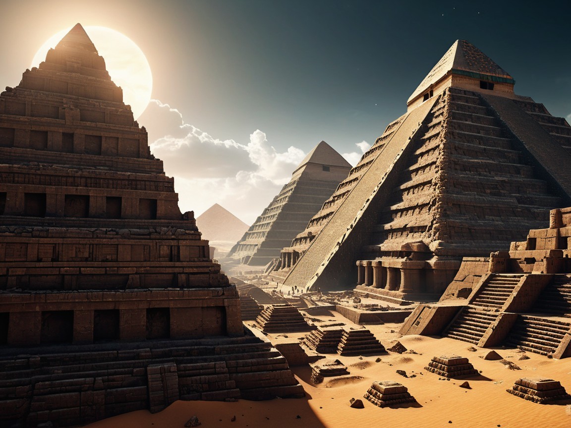 Ancient Pyramids in Desert Landscape at Sunset