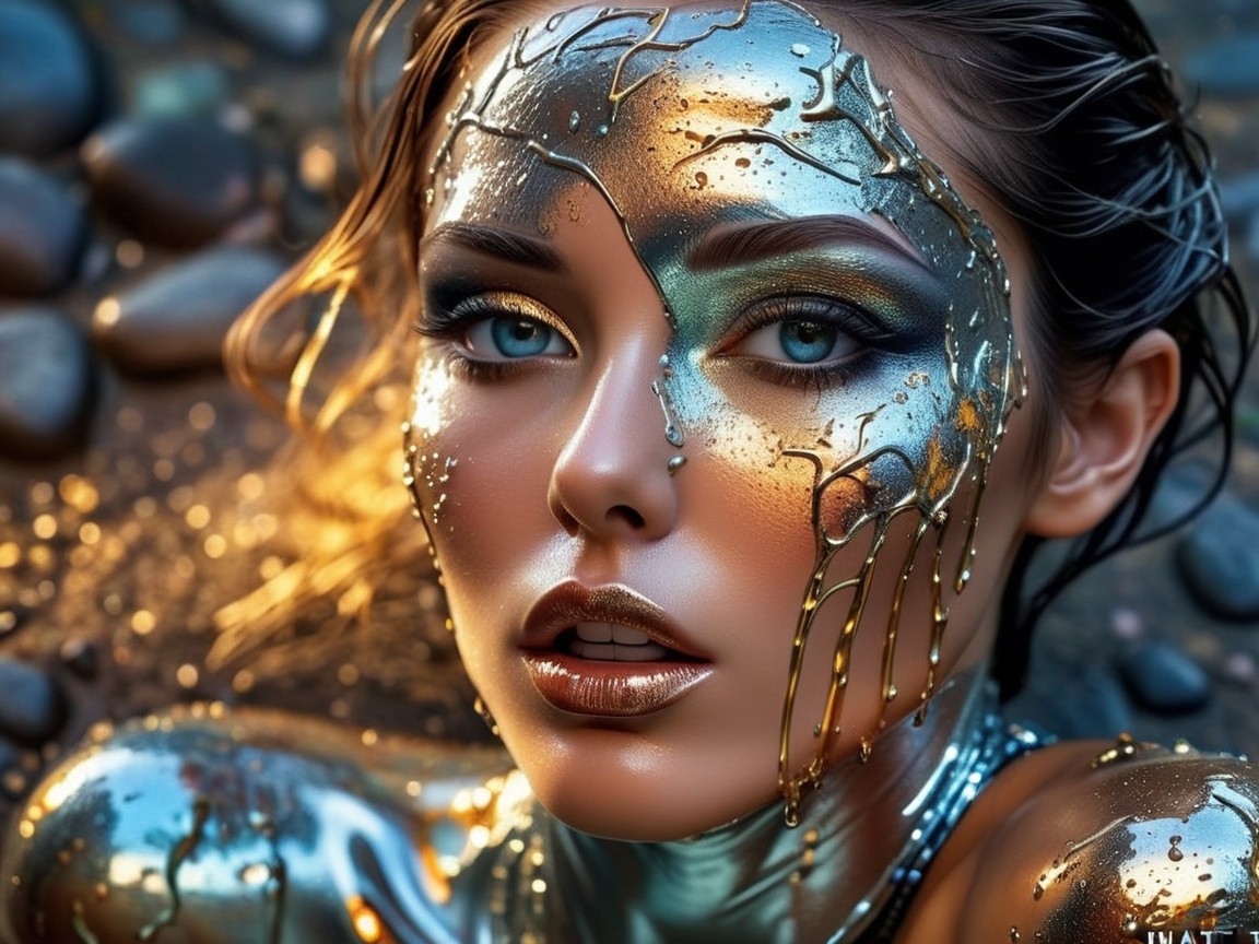 Close-up Portrait of Woman with Metallic Makeup Design