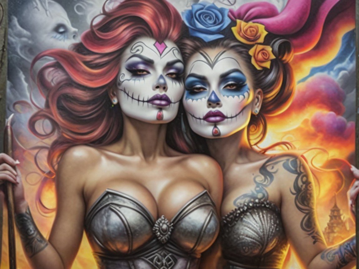 Women with Sugar Skull Makeup and Vibrant Hair