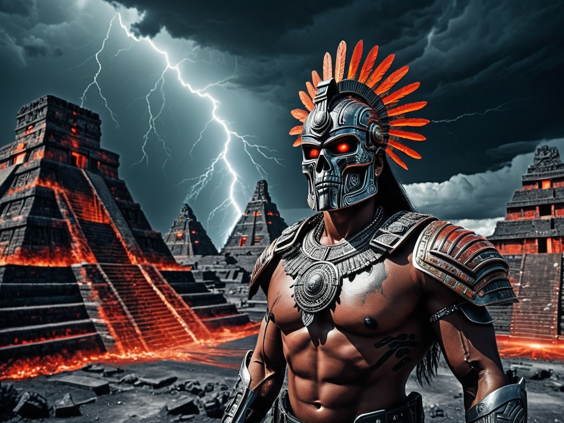 Fierce warrior in ancient ruins with dramatic backdrop