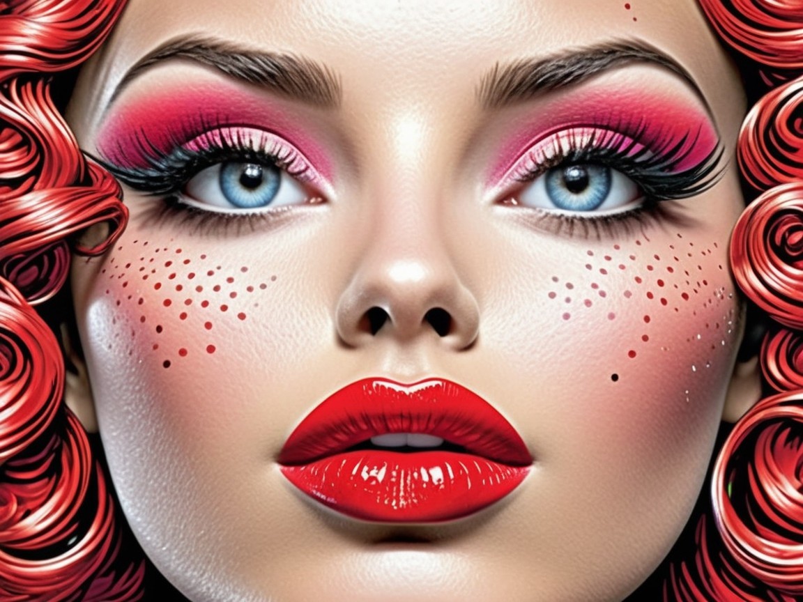 Close-up of a woman with vibrant red hair and bold makeup