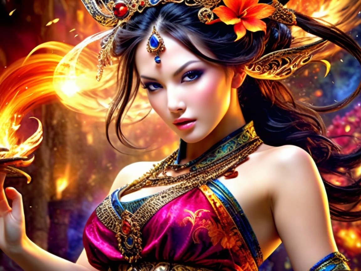 Ethereal Woman in Vibrant Clothing with Magical Backdrop