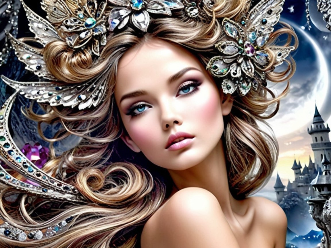 Portrait of a woman with voluminous hair and castle backdrop